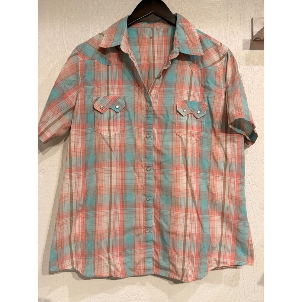 Vintage Plaid Western Snap Button Down Short Sleeve Shirt Coral Turquoise